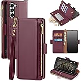 Antsturdy Compatible with Samsung Galaxy S23+/S23 Plus case Wallet with Card Holder for Women Men Phone case RFID Blocking PU Leather Flip Cover with Strap Zipper Credit Card Slots,Wine Red