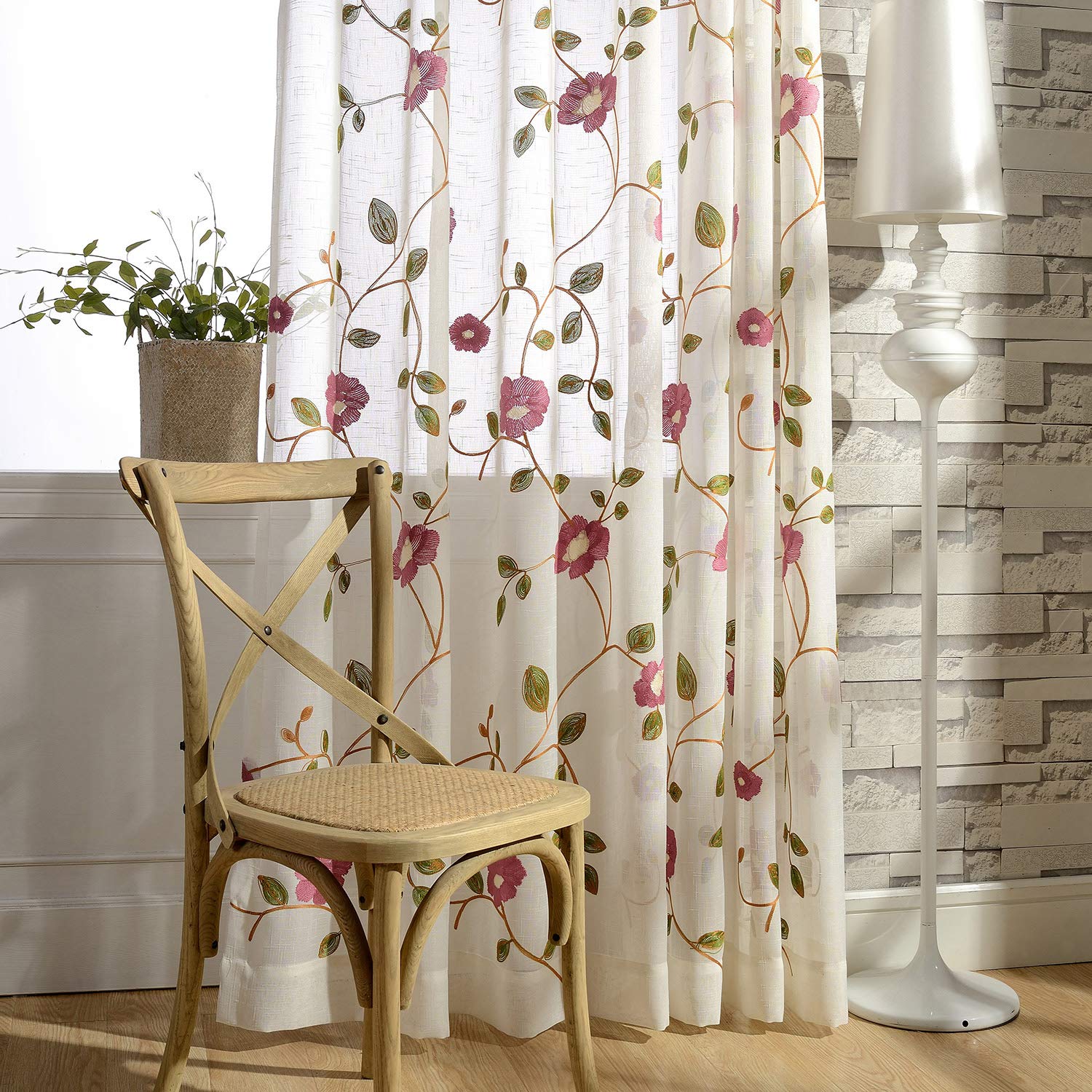 Photo 1 of VOGOL Light Filtering Sheer Curtains 96 Inches Long, Pale Violet Red Floral Leaves Embroidered Voile Rod Pocket Drapes for Living Room Bedroom, W52 X L96, 2 Pieces