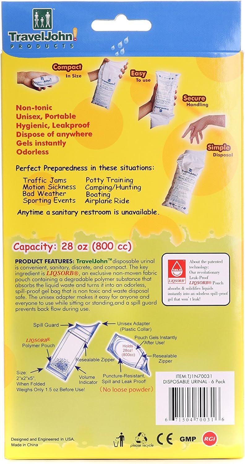 TravelJohn-Disposable Urinal (6 Pack) : Camping Sanitation Supplies : Sports & Outdoors