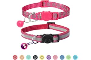 BANMODER 2 Pack Reflective Cat Collar Breakaway with Bell,Personalized Kitten Collars,Adjustable Safety Buckle Collar for Male Cats Girls & Boys (Hot Pink)