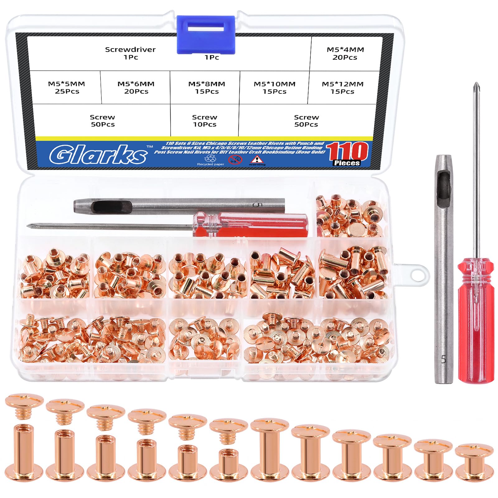 Glarks 110 Sets 6 Sizes Chicago Screws Leather Rivets with Punch and Screwdriver Kit, M5 x 4/5/6/8/10/12mm Chicago Button Binding Post Screw Nail Rivets for DIY Leather Craft Bookbinding (Rose Gold)