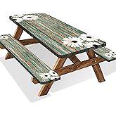 Daisy Flowers Picnic Table Cover with Bench Covers Camping Essentials Wooden Grain Outdoor Table Covers with Elastic Waterproof Fitted Tablecloth for RV Picnic Travel