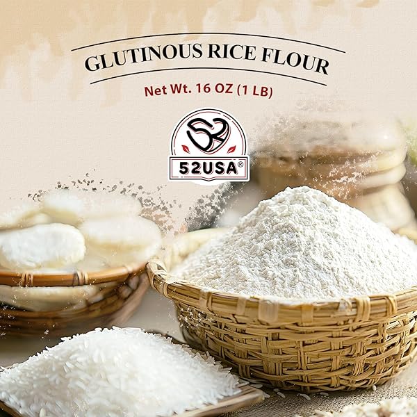 52USA GLUTINOUS RICE FLOUR 16 OUNCE (BASIC), 1 POUND (PACK OF 1), RICE FLOUR FOR BAKING OR COOKING, PRODUCT OF THAILAND, ALL NATURAL WHITE RICE FLOUR, VEGAN