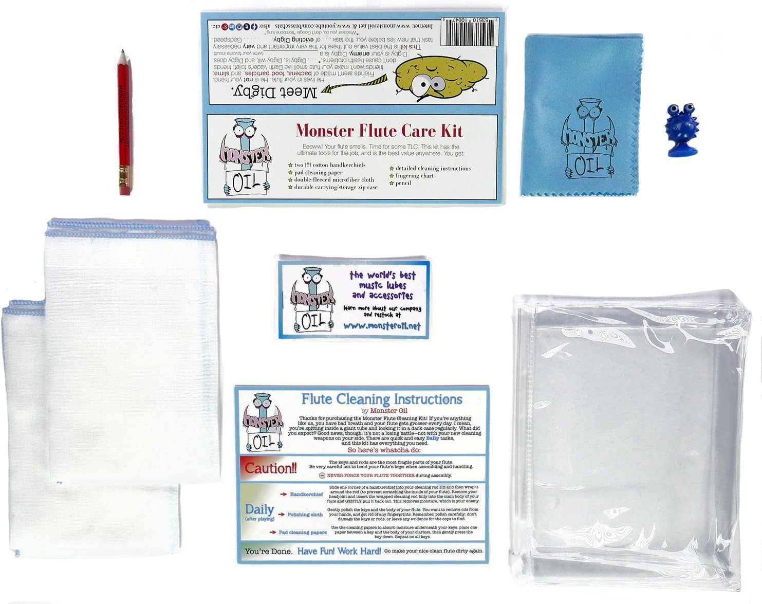 Monster Flute Care and Cleaning Kit | Polishing Cloth, Fingering Chart, Two Handkerchiefs. Everything You Need to Take Care of Your Flute: Musical Instruments