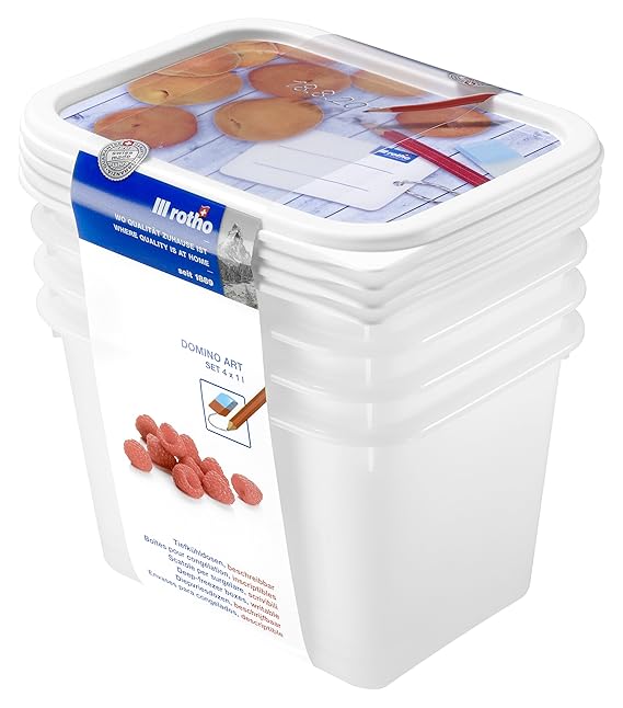 Rotho Domino 4er-Set Vorratsdosen , Kunststoff (BPA-frei), weiss mit beschreibbarem Deckel, 4 x 1 Liter (15,7 x 11,8 x 10 cm)