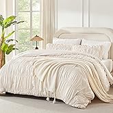 Andency Ruched Beige Queen Comforter Set, Shabby Chic Pleated Bedding Sets 3 Pieces, Lightweight Soft Boho Ruffle Bed Set for Girls, Kids, Women, All Season