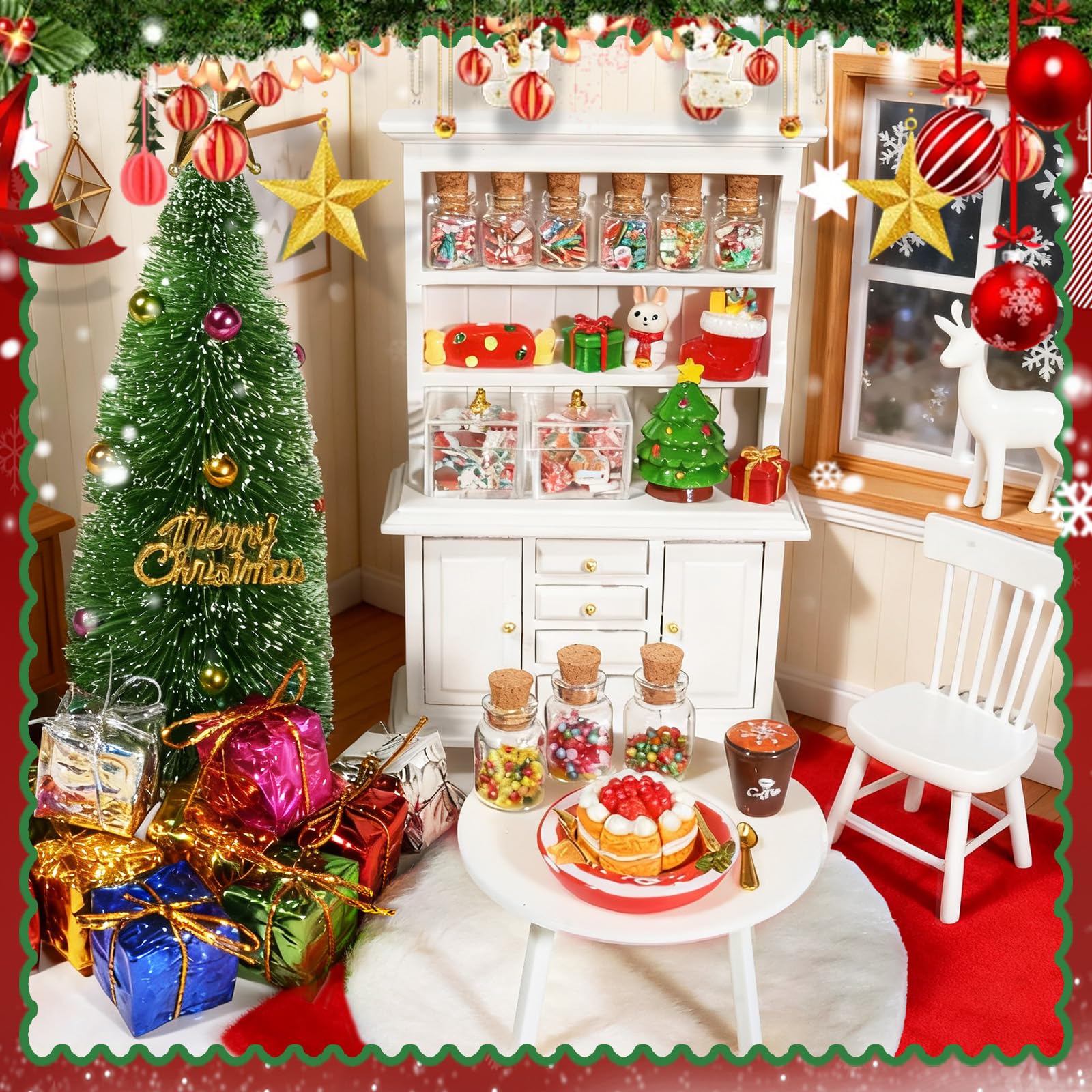 Rileryan 1:12 Scale Mini Christmas House Accessories Kit Christmas Miniatures Decorations Miniature Wooden Furnitures Bookshelf Desk Chair