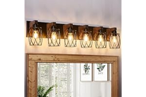 RVONOW 6-Light Farmhouse Bathroom Light Fixtures, Wood Bathroom Lighting Fixtures Over Mirror, Black Vanity Light Fixture with Cage Metal Shade, Vintage Rustic Vanity Light for Bathroom, Hallway