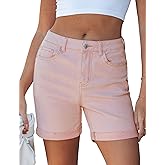 luvamia Jean Shorts for Women High Waisted Trendy Mid Thigh Long Cuffed Hem Stretchy Denim Shorts Casual Summer Jorts