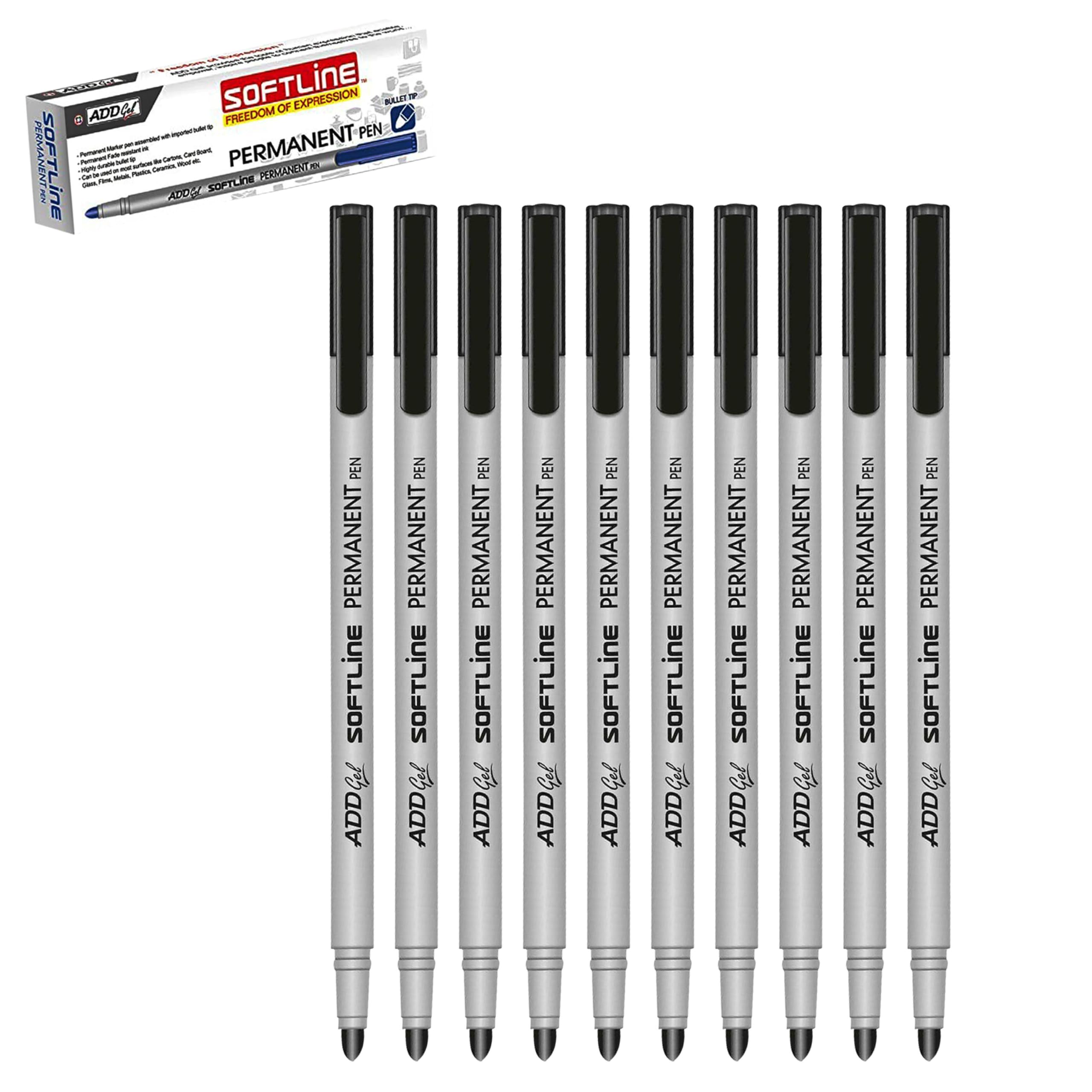SoftLine Permanent Marker Pens, BLACK, Medium Point (1.0 mm), Pack of 10, Waterproof, Quick Drying, Writes on Most Surfaces, iZOFAX Black Ball Pen