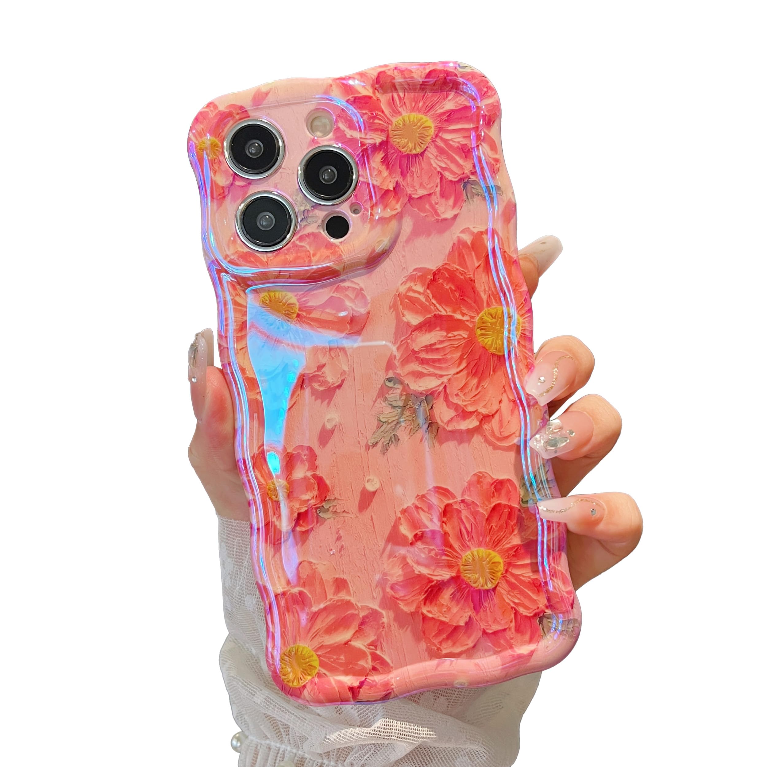 XIZYO Colorful Retro Oil Painting Flower Case for iPhone 13 Pro, Curly Wave Frame Laser Glossy Cute Floral Aesthetic Phone Case, Girls Women Slim Soft TPU Shockproof Cover, Pink Flower/Pink