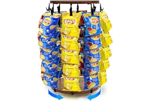 USLUOLE Chip Rack Display Stand, 5 Tiers 40 Clips Display Stand, 360°Rotating Wooden Base Chip Bag Holder Candy Display for Concession Stand Countertop, Party, Retail, Snack Organizer for Office Desk, Brown