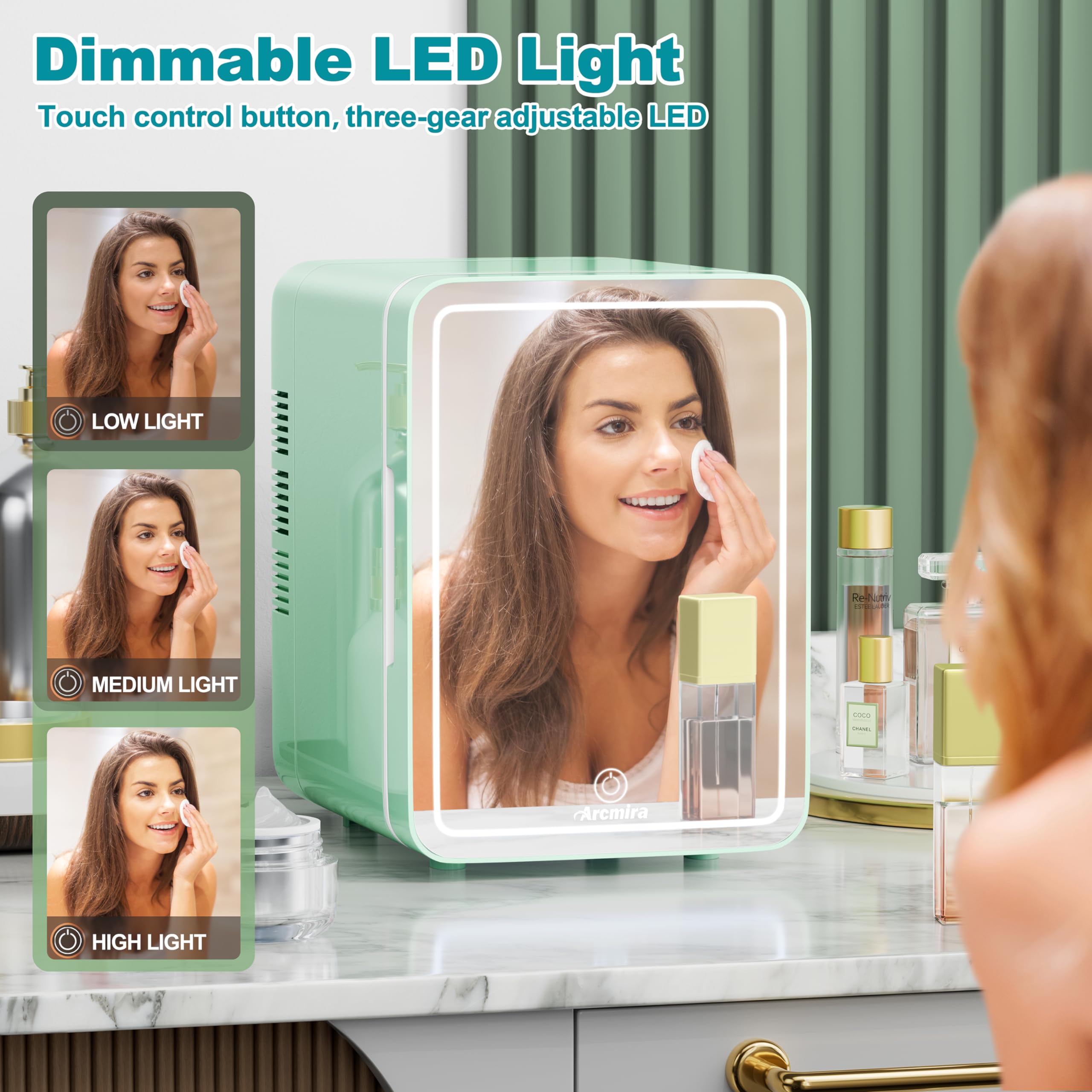 Arcmira Mini Skincare Fridge With Dimmable LED Light Mirror, 4L Makeup Fridge Cooler and Warmer for Bedroom, Car, Office, Portable Small Refrigerator AC/DC Powered for Cosmetics and Food, Green