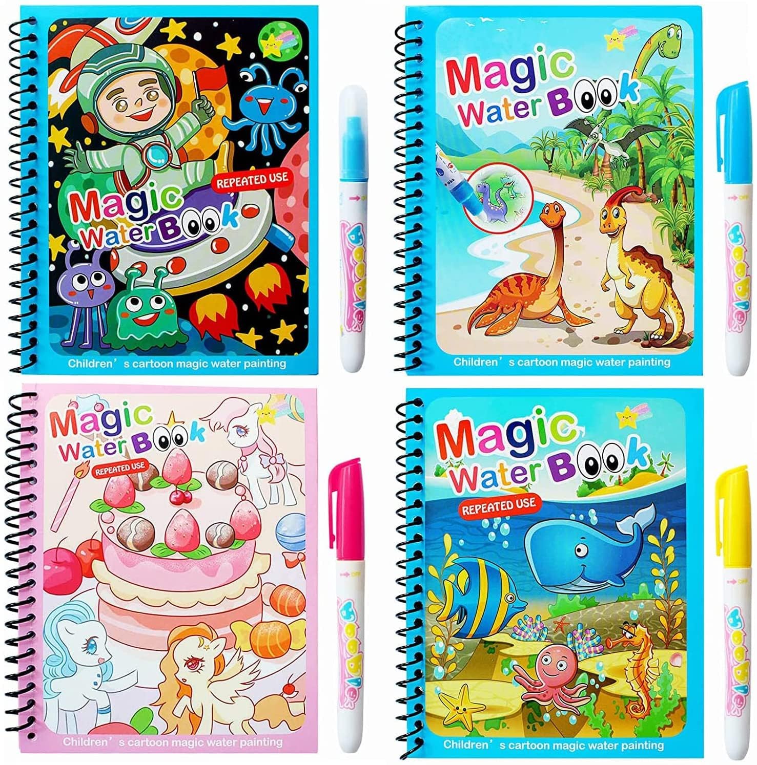 LONTOM Magic Water Colouring Book, 4pcs Reusable Water Painting Books with Water Pen for Kids,Early Education Doodle Mess Free Painting Toys,Learning Gifts for Toddlers Boys Girls Ages 3 Years Plus