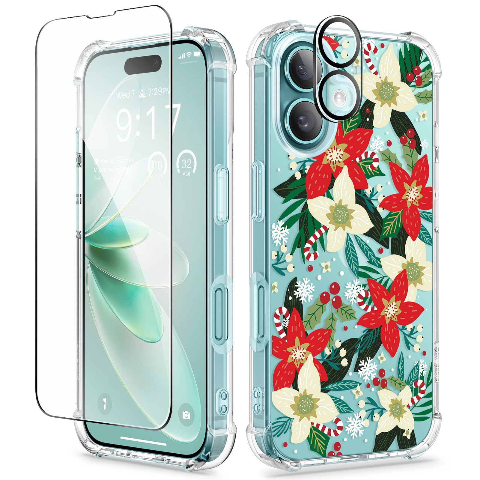 GVIEWIN Compatible with iPhone 16 Plus Case 6.7" 2024 with Screen Protector&Camera Lens Protector, Clear Floral Anti-scratch Shockproof Drop Protection Cover for Women Girl,Poinsettia/Green