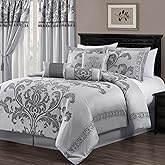 Chezmoi Collection 7-Piece Jacquard Floral Comforter Set (Queen, Silver/Gray)