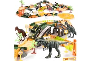 TEMI Dinosaur Track Toy for Kids Toddlers 2 3 4 5 6 Years, with 2 Pack Race Cars and 7 Pieces Jurassic Dinos, Create A Dinosaur World with Flexible Tracks, Birthday Gifts for Boys Girls