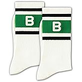 RWWNONW Green and Off-white Retro Striped Crew Socks with The Letter, Classic Initial Sporty Monogram Socks.