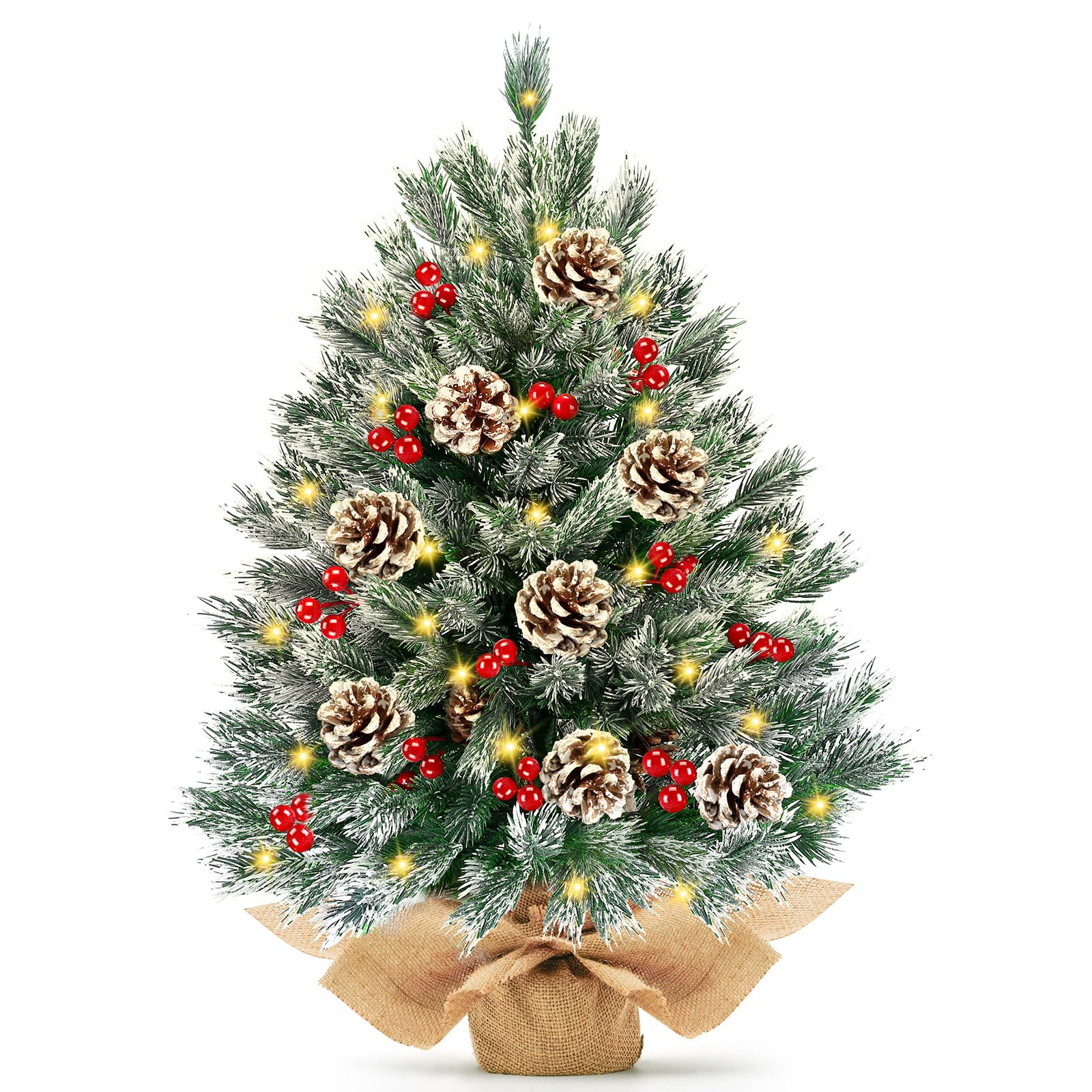 Photo 1 of [ 8 Modes & Timer] 24 Inch Realistic Snowy Tabletop Christmas Tree Small Christmas Tree with 50 Warm Lights Battery Operated Red Berries Pine Cone Burlap Base Indoor Home Table Christmas Decorations