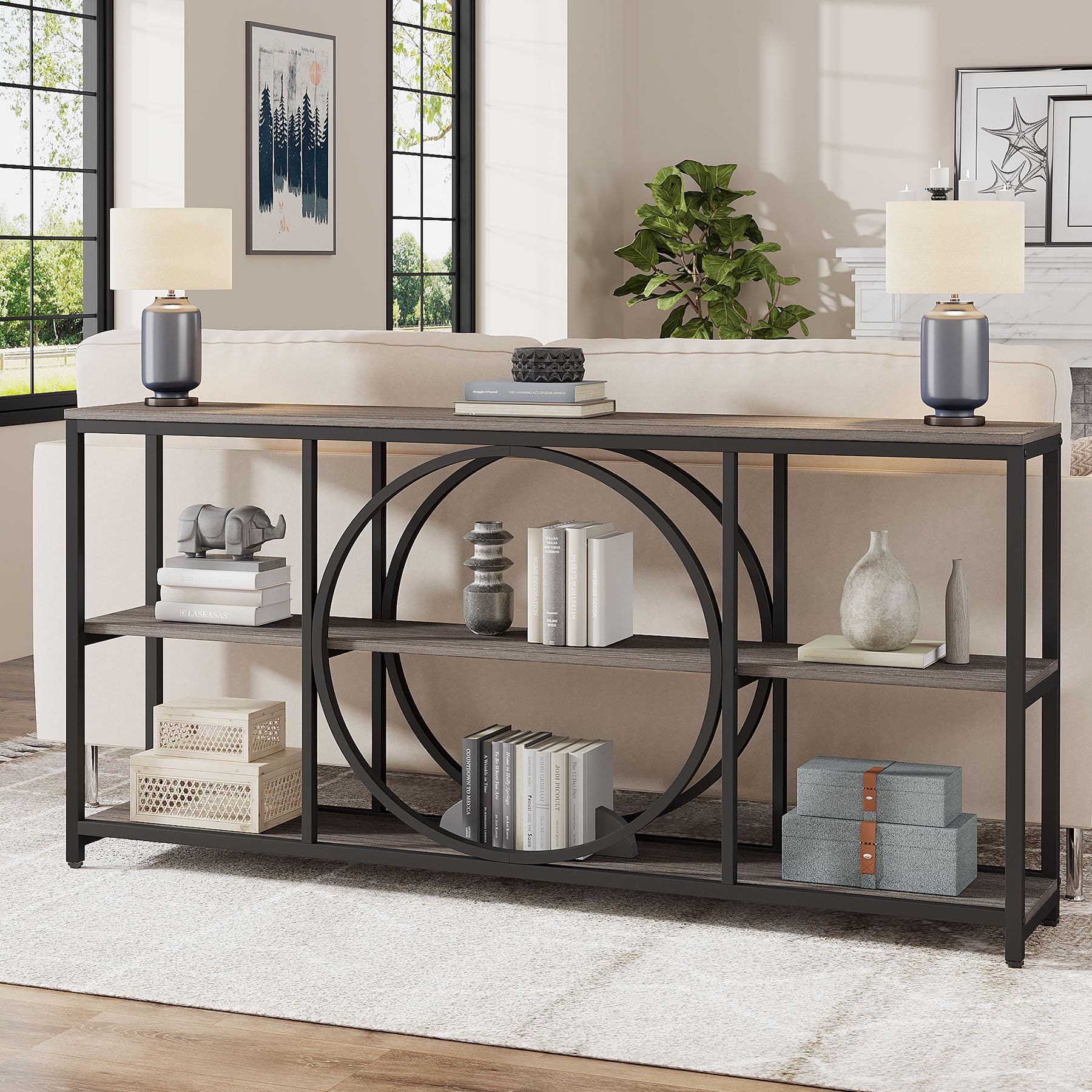Tribesigns 70.9 inch Sofa Console Table, Extra Long Narrow Entryway Tables with 3 Tier Wood Storage Shelves Metal Frame for Foyer Hallway Living Room Behind Couch, Black Rustic Gray Image