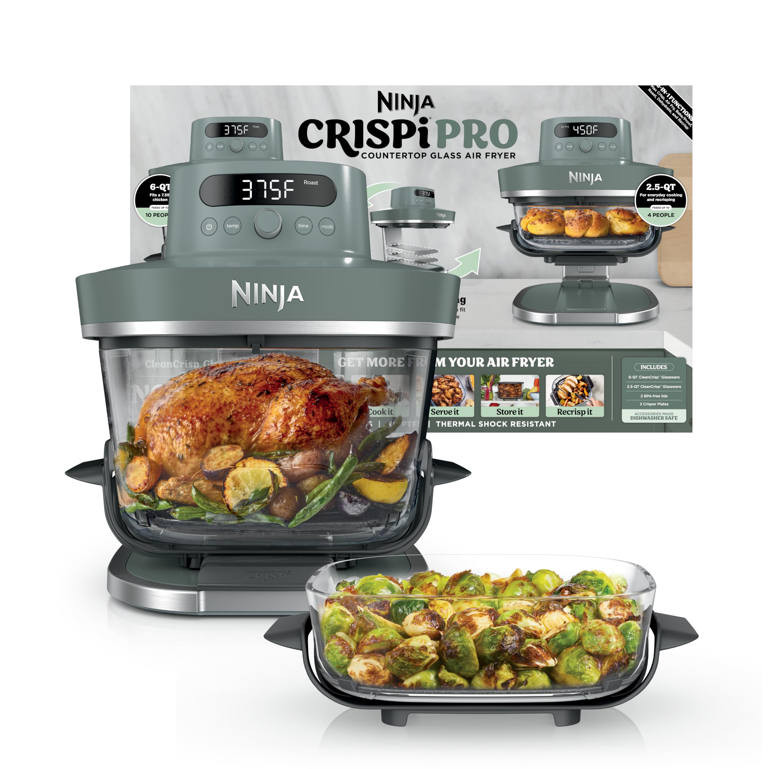 Freidora de aire de vidrio Ninja Crispi Pro 6 en 1 | Con contenedores y tapas no tóxicos de 6 qt y 2,5 qt | Apto para microondas, congelador y lavavajillas | Temperatura máxima de 450 °F | 1800 vatios | Gris ceniza | AS101DG