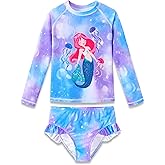 Dvenki Girls Long Sleeve Rash Guard One Piece Swimsuit - Mermaid Checker Face Zipper Front Toddler Bathing Suit 2T-10
