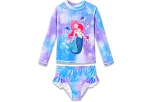 Dvenki Girls Long Sleeve Rash Guard One Piece Swimsuit - Mermaid Checker Face Zipper Front Toddler Bathing Suit 2T-10