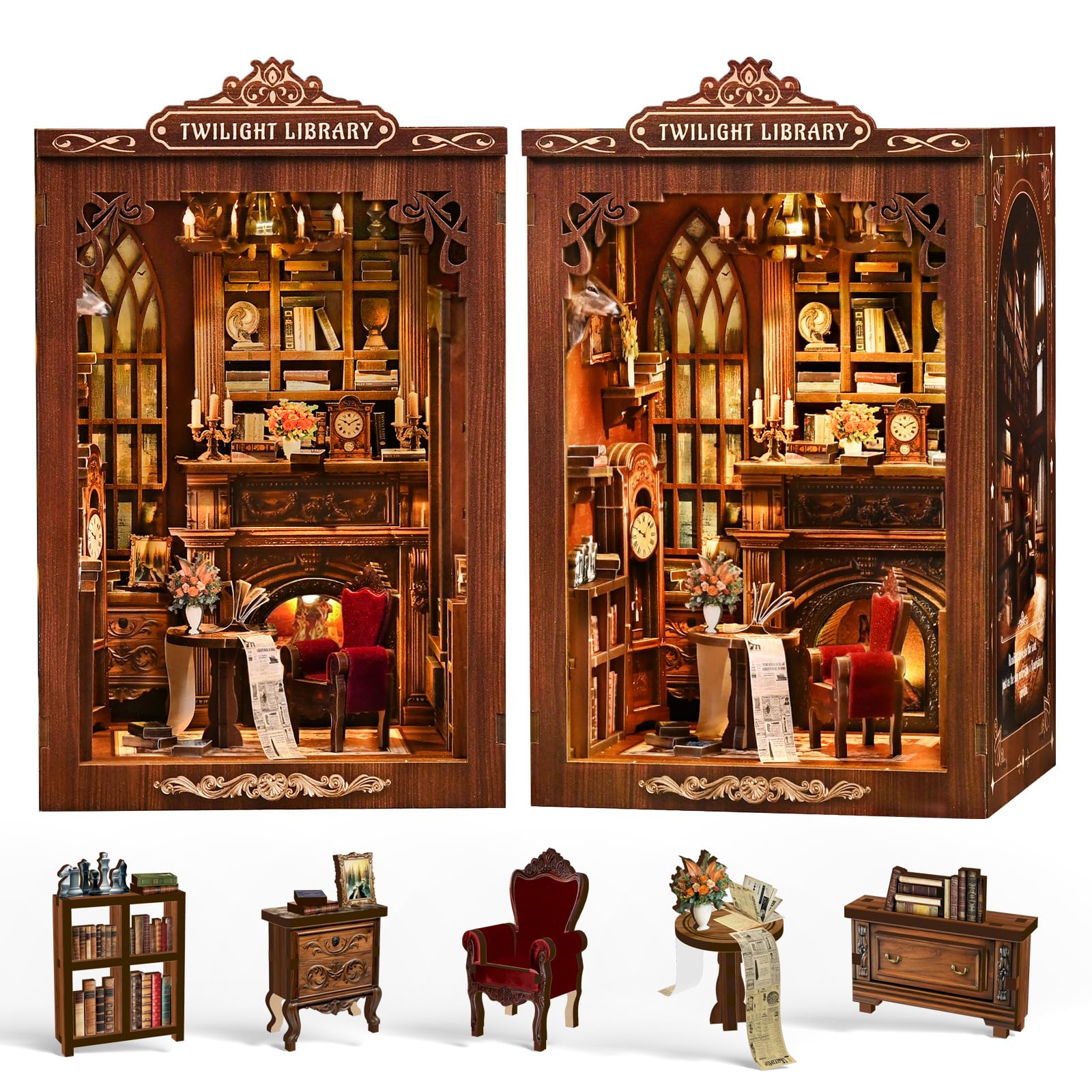 Book Nook,Sagiterra Dollhouse Kit,DIY Miniature Kit for Adults and Teens,3D Wooden Book Shelf Decoration for Family and Friends,Bookshelf Decor in Halloween/Christmas (Brown)