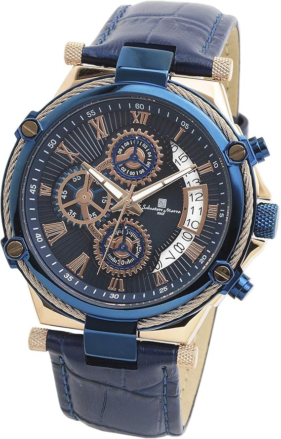 Amazon サルバトーレマーラ Salvatore Marra 腕時計 メンズ 革ベルト ビジネス アナログ イタリア ブランド ピンクゴールド ブルー 時計クロス付き Pgbl 並行輸入品 メンズ腕時計 腕時計 通販