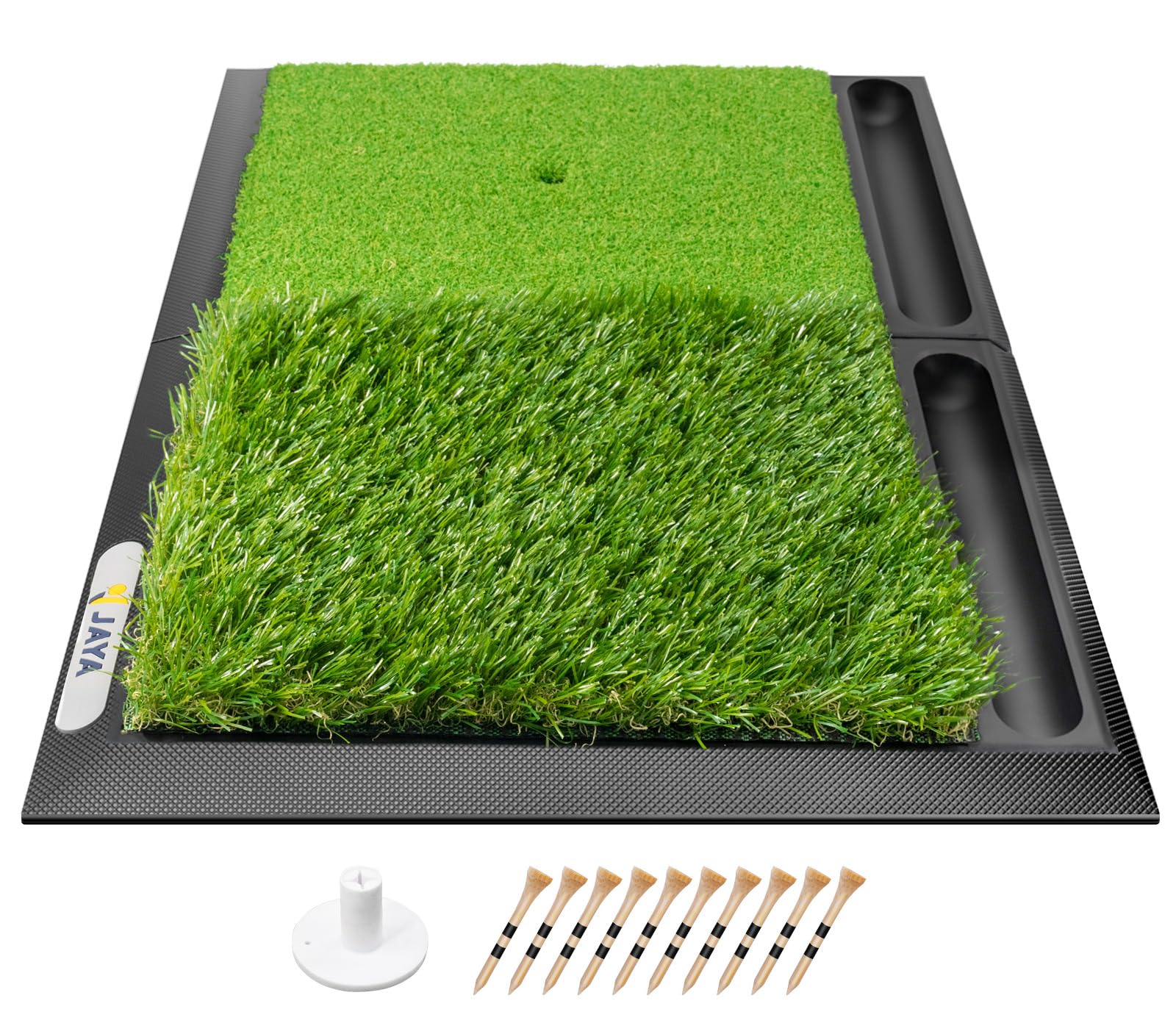 JAYA Golf Hitting Mat with Ball Tray, Heavy Rubber Base, Fairway & Rough Turf Golf Training Mat, Golf Tees and Rubber Tee Holder Included, Portable Golf Practice Mat for Indoor and Outdoor