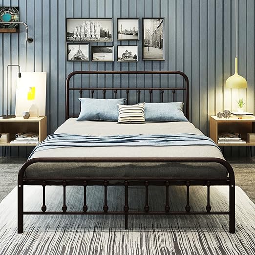 Metal Bed Frame Queen Size Platform With Vintage Headboard And