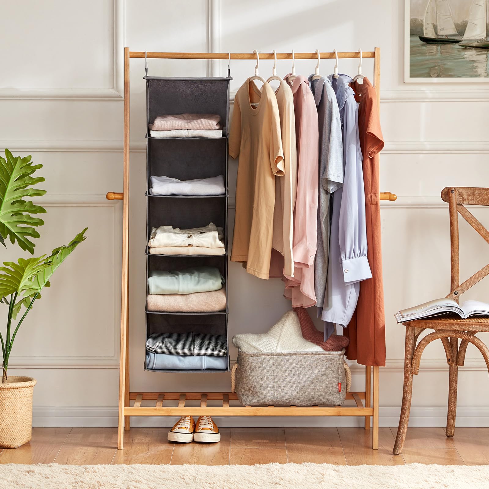 Lifewit Hängeregal, Schrank Organizer, Hängesystem Kleiderschrank, Hängeaufbewahrung aus Stoff, Ordnungssystem Kleiderschrank, Faltbar und Platzsparend mit Metallhaken, 2 Stück, Grau 2