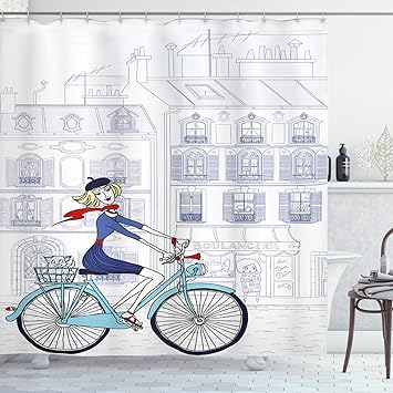 Amazon Com Ambesonne Paris Shower Curtain Woman Riding A Bicycle