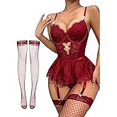 Lilosy Sexy Stocking Rhinestones Heart Garter Underwire Floral Mesh lace Sheer Babydoll Lingerie Teddy Bodysuit Skirt Set