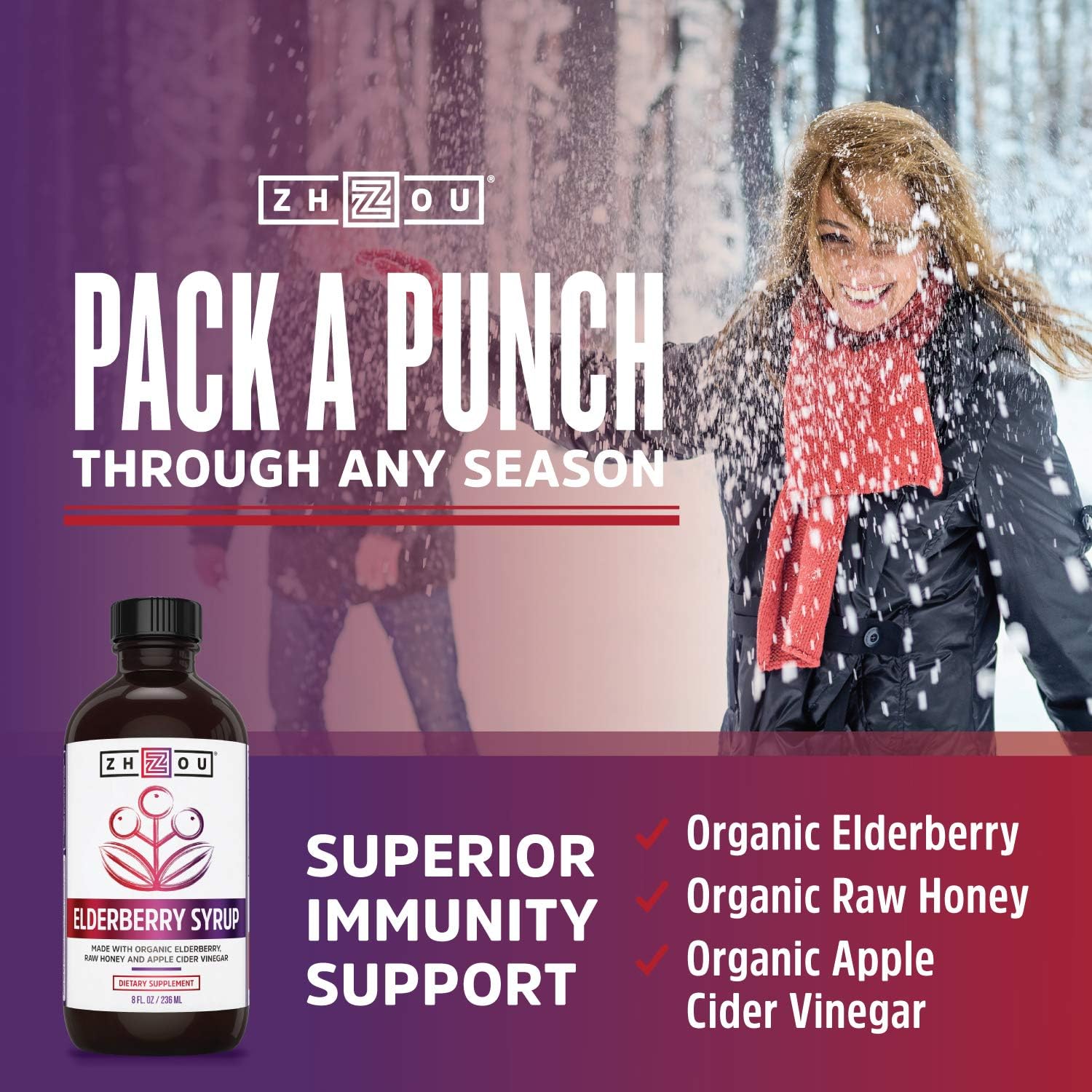 Zhou Nutrition Elderberry Syrup - Organic Sambus Black Elderberry, Raw Honey, Apple Cider Vinegar & Propolis - Immune System Booster During Cold Winter Months: Health & Personal Care