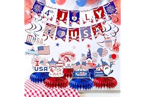 AIVEI 26Pcs 4th/Fourth of July Patriotic Decoration USA Banner Hanging Swirls Independence Day Honeycomb Centerpieces for Tables Red White and Blue Decor Party Decorations