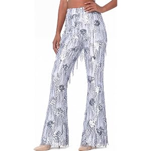 Women's Sequin Flare Pants Fringe Sparkly High Waisted Bell Bottom Disco Rave Party Clubwear Trousers