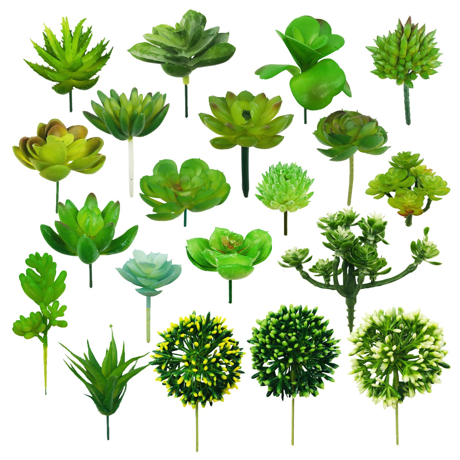 Woohome 20 PCS Artificial Succulent Plants - Green Faux Plants in Flocked Blue, Different Types for Birthday Home Decor Indoor Wall Garden DIY