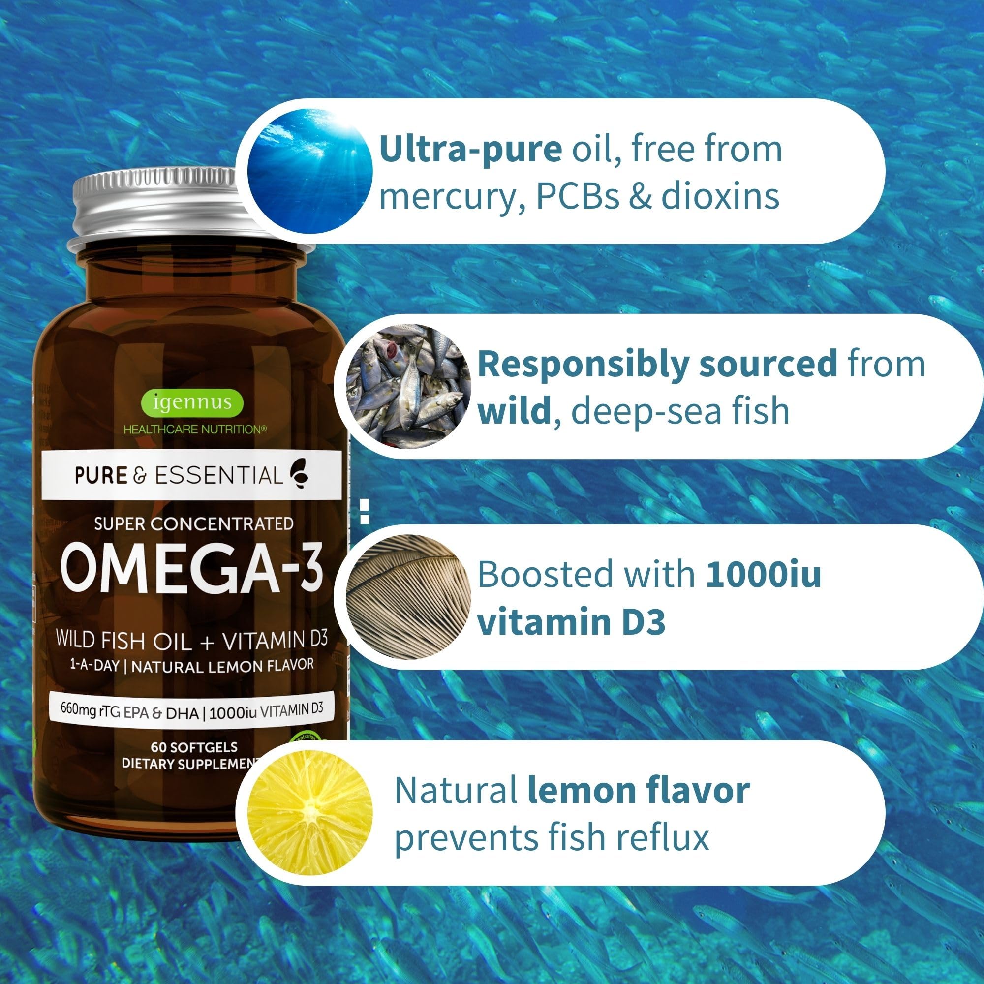 Igennus Advanced rTG Omega-3 IFOS Certified Wild Fish Oil & Vitamin D3, 1-a-Day, Fatty Acids EPA & DHA, Fast-Acting Triglyceride Form, Ultra Pure & Non-GMO, 60 Softgels