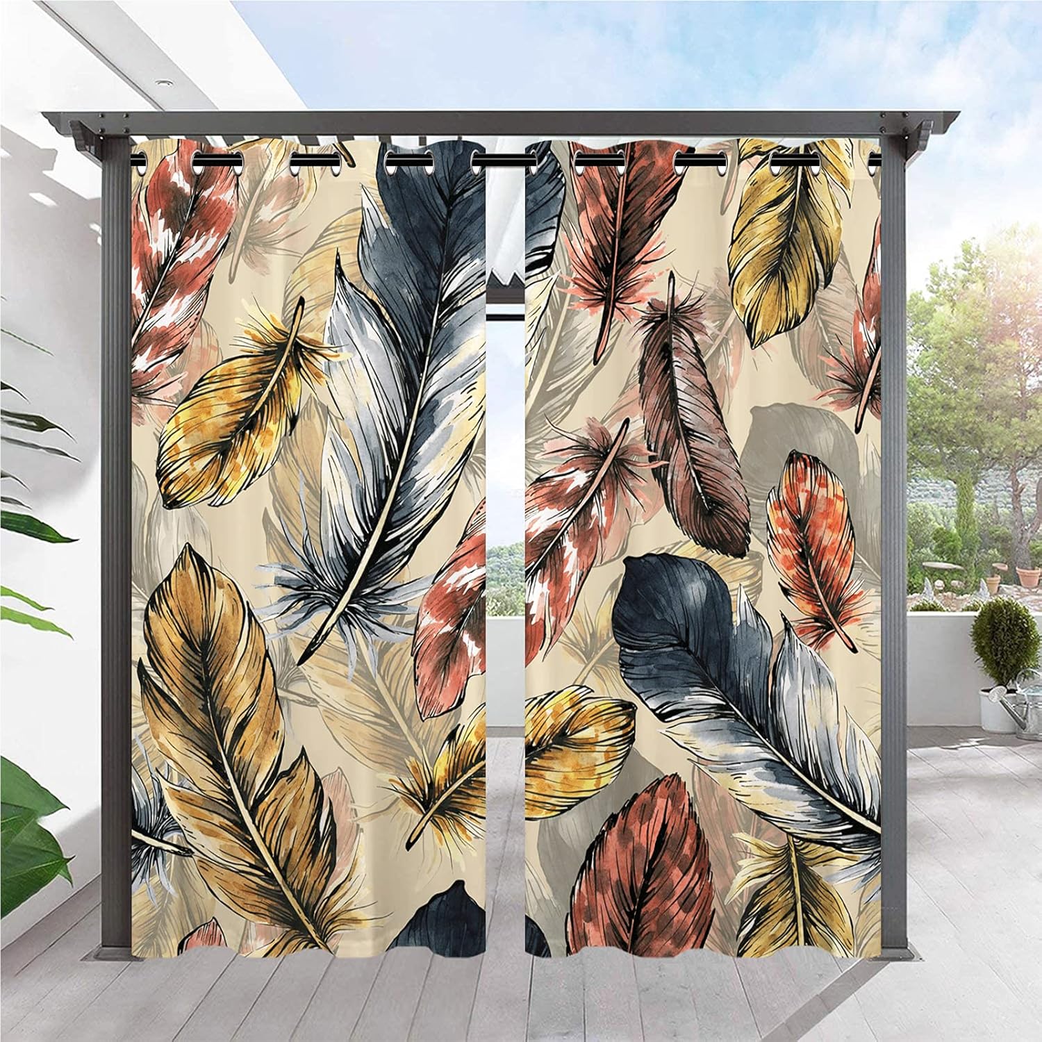 Outdoor Curtains - ANHOPE Outdoor Curtains Grommet Top Waterproof Window Drapes with Colorful Watercolor Bird Feathers Print Pattern Outside Privacy Curtains for Patio Pergola Gazebo Cabana Porch 2 Panels 54 x 84 Inch
