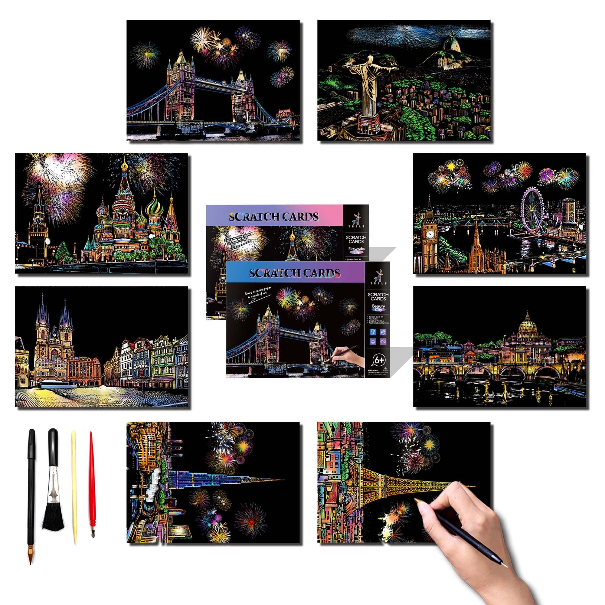 DESINIK Scratch Painting Art for Adults -Scratch Painting Foil Art for Adults, Scratchboard Set(A4) with 4 Tools & 8 Sheets, Creative Gift Idea for Birthdays & Holidays(Firework)