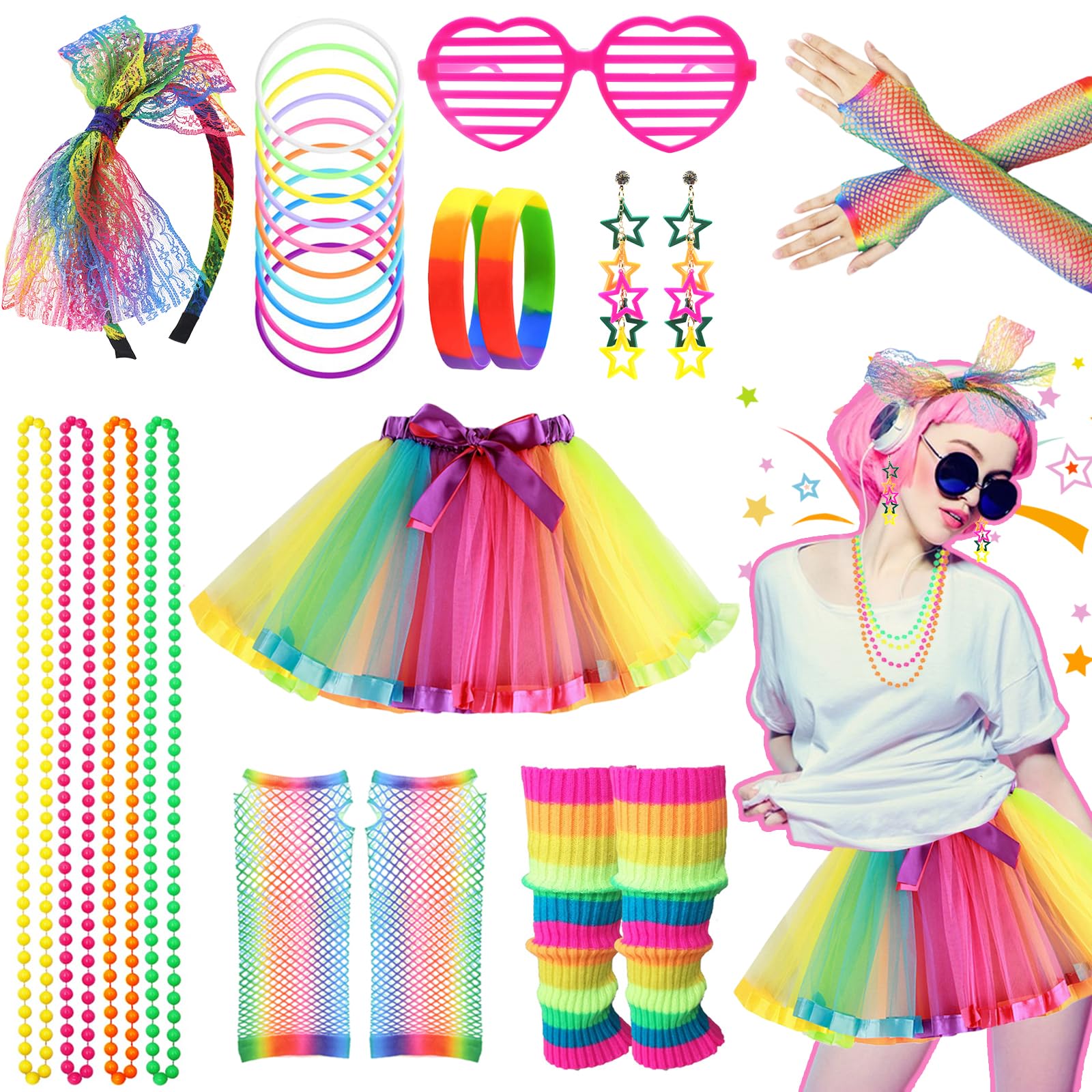 80s Fancy Dress for Women, 1980s Party Rainbow Costume Accessories Set Tutu Skirt Leg Warmers Fishnet Gloves Glasses Earrings Bracelet Necklace Headband, Retro Outfit for 80s Party, Dress up Day