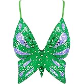 Mocure Womens Sparkly Butterfly Sequin Crop Tops Sexy Trendy Sleeveless Cute Butterfly Halter Tops Rave Wrap Tube Vest Top