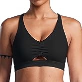 FlareMove Y Back Sports Bra Padded Racerback Adjustable Straps Ruched V-Neck Low Impact Workout Yoga Top