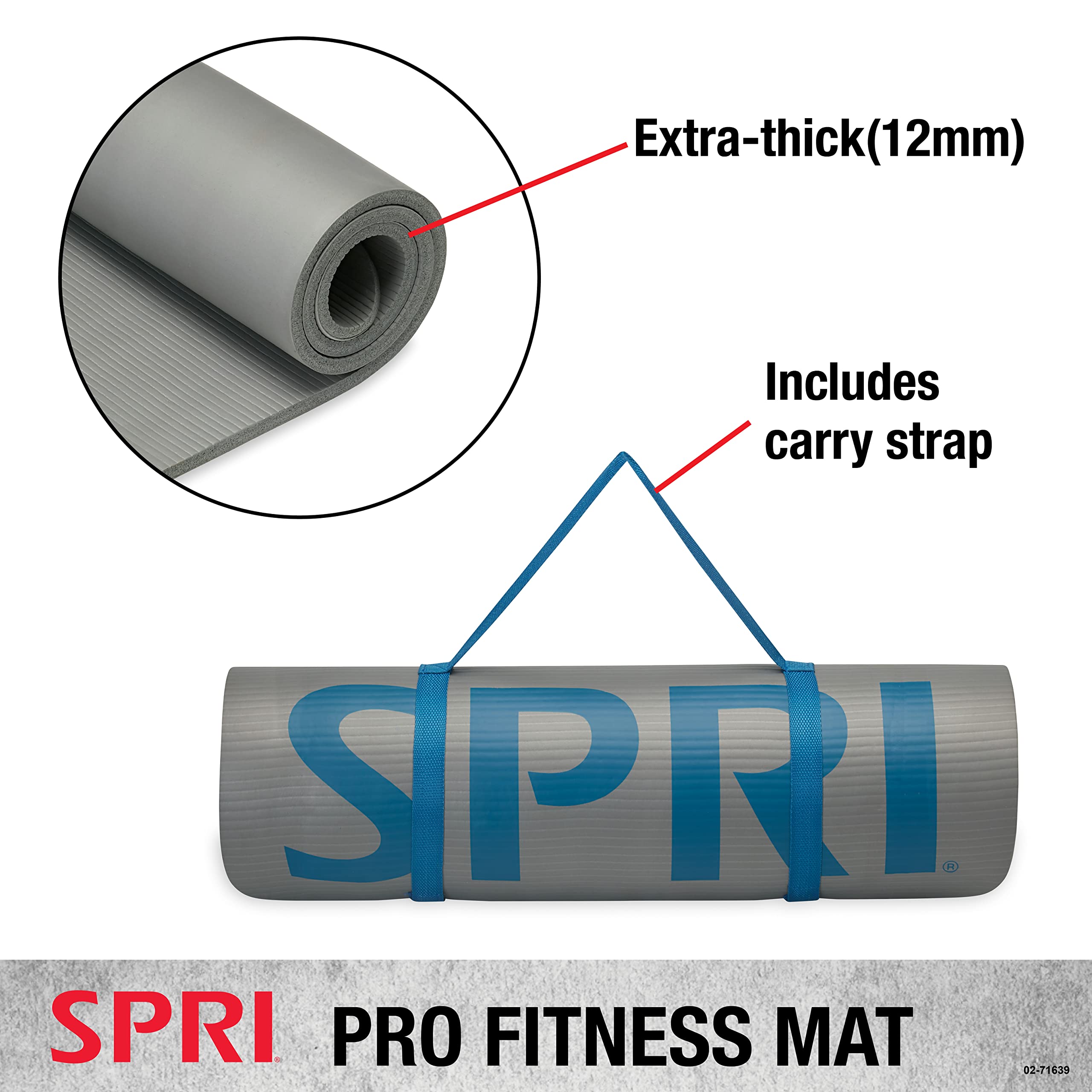 SPRI 12mm Pro Fitness Matt - Thick Exercise Mat for Floor Workouts, Sit-Ups, Push-Ups, Stretching, Toning, and General Fitness - Non-Slip Texture, Cushioned, Portable Rolling Mat with Carrying Strap