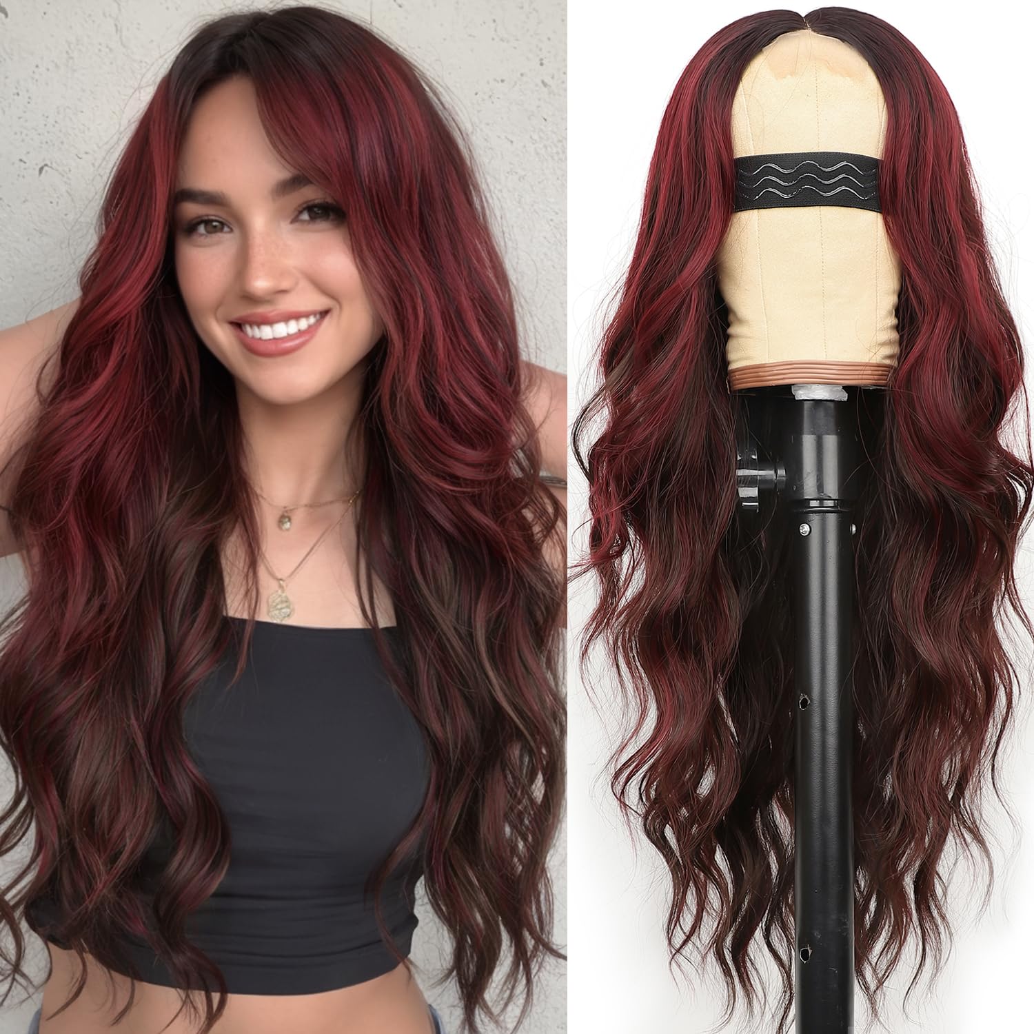 Photo 1 of AISI HAIR Wig for Women, Long Wavy Brown Mixed Red Lace Hairline Middle Part Synthetic Heat Resistant Wig for Daily Party-26 Inch