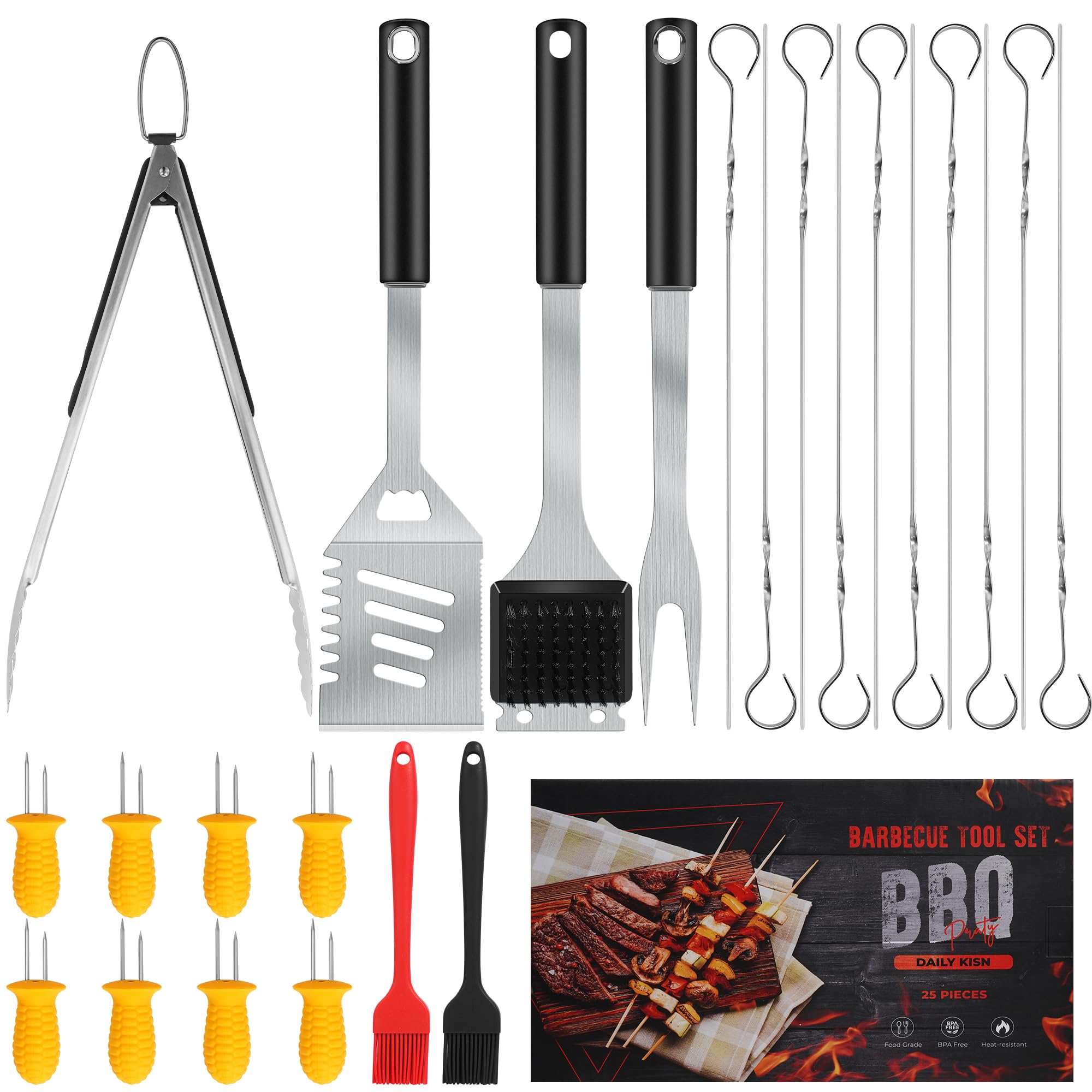 Photo 1 of Grill Accessories Kit, Grill Tool Set with 4-in-1 BBQ Spatula, Fork, Tongs, Cleaner Brush, Skewers, Silicone Corn Holders, Silicone Brush, Grilling Gift Set for Men and Women