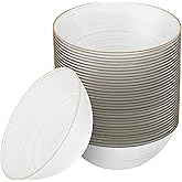 PLASTICPRO 32 Pieces Crystal Design Plastic Bowls 16 ounce Gold Rim Elegant Disposable Plates, Pearl White