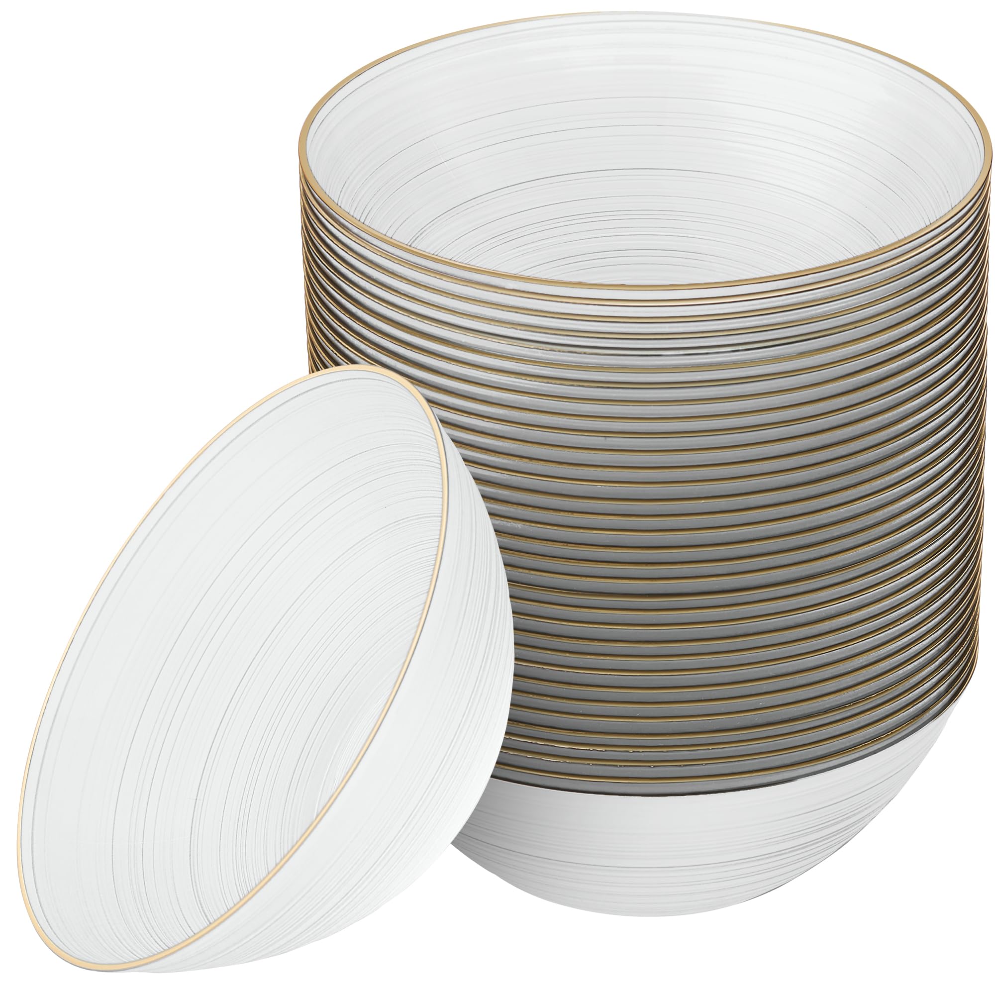 Photo 1 of PLASTICPRO 32 Pieces Crystal Design Plastic Bowls 16 ounce Gold Rim Elegant Disposable Plates, Pearl White