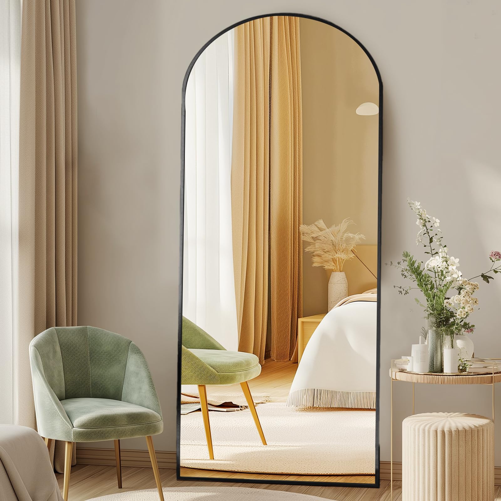 Photo 1 of DUMOS Arched Full Length Mirror with Stand 64"x21" Floor Standing Aluminum Frame for Bedroom Body Hanging Leaning Modern Simple Home Decor Shatter-proorf Nano Glass Wall Living Room Cloakroom Black